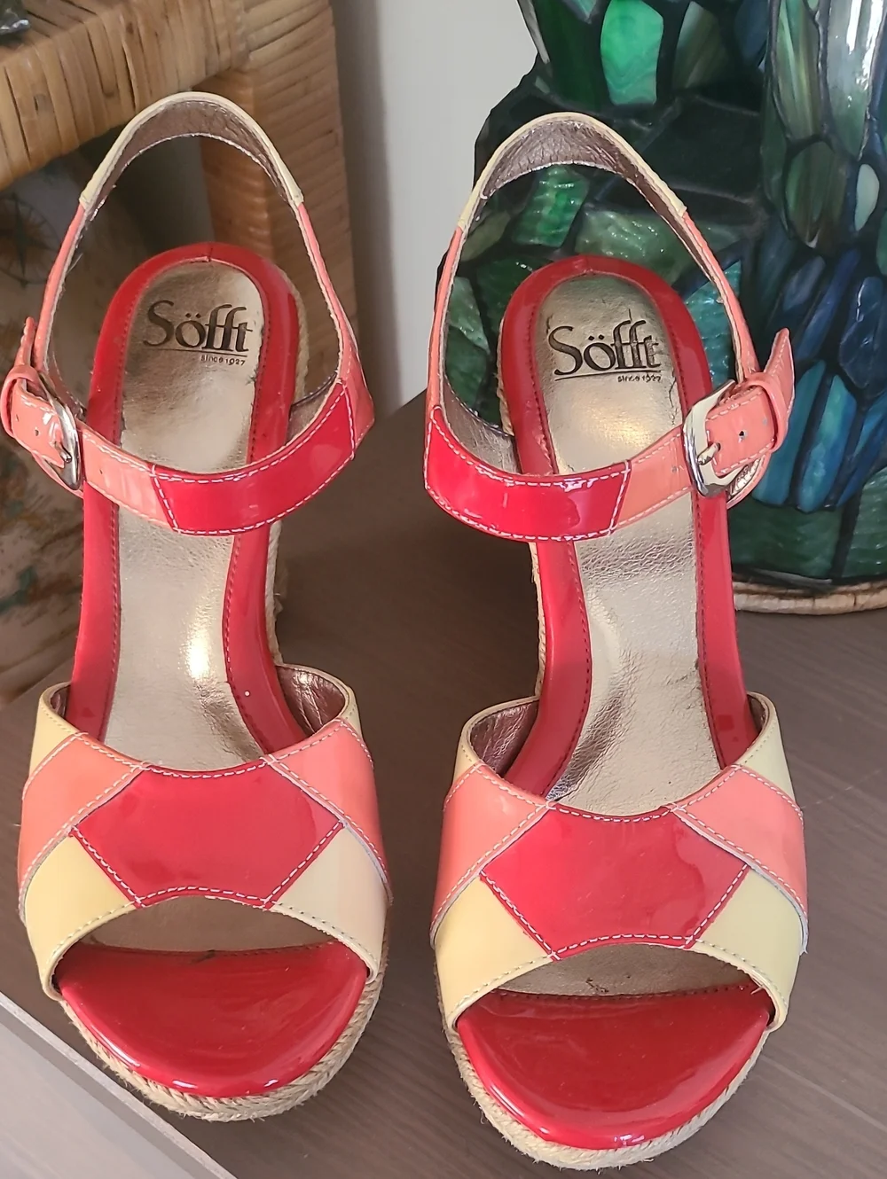Söfft Patent Leather Red Orange & Beige Colorblock Espadrille Wedges Size 9.5
